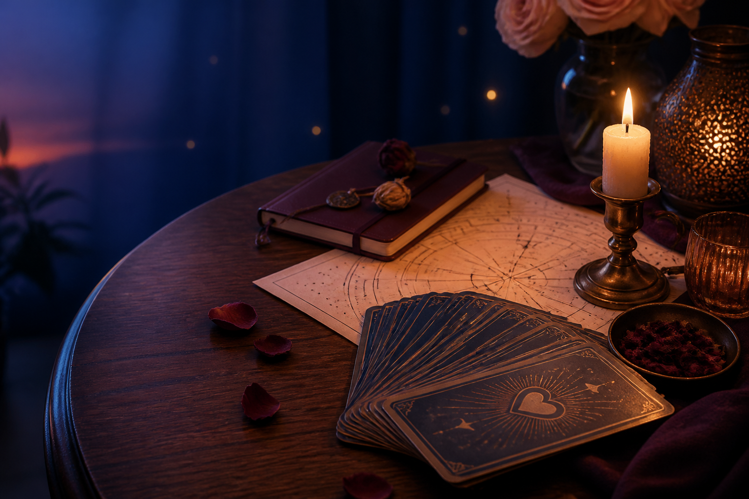 A candlelit table with tarot cards, a birth chart, flowers, and a notebook for reflecting on a love question